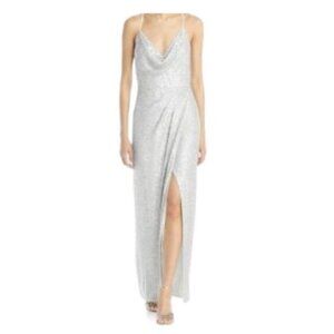 Aidan by Aidan Mattox Sequin Drape Cowl Neck Evening Gown Silver 4 NWT